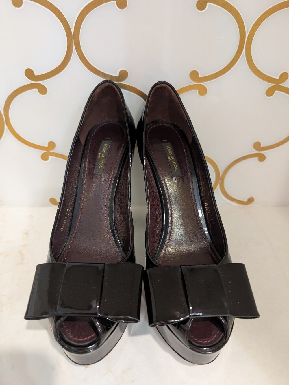 Louis Vuitton Monogram Patent Peep-Toe Pumps with Signature Bow